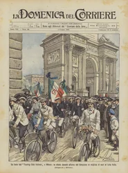 Die Feste des Touring Club Italiano in Mailand, der Umzug vor dem Simplonbogen von Tausenden